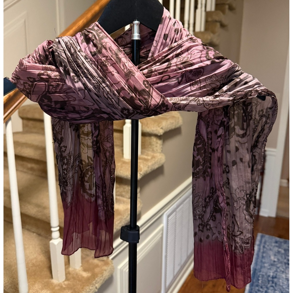 Women Ombre Pleated Paisley Scarf Beaded Mauve Lavender Purple Wrap